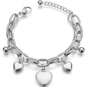 Stainless Steel Heart Charm Linked Chain Strand Bracelet